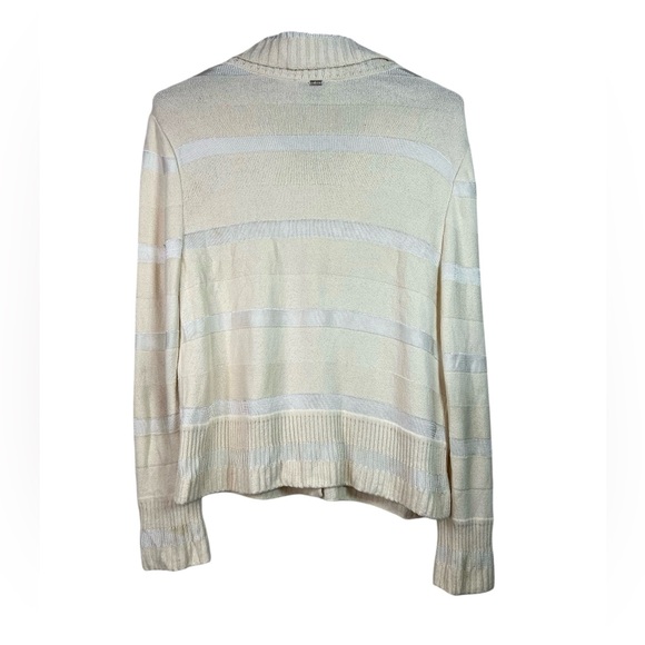 St. John Sport White Cream Striped Cardigan Wool Sweater Size L FLAWS - Picture 2 of 16